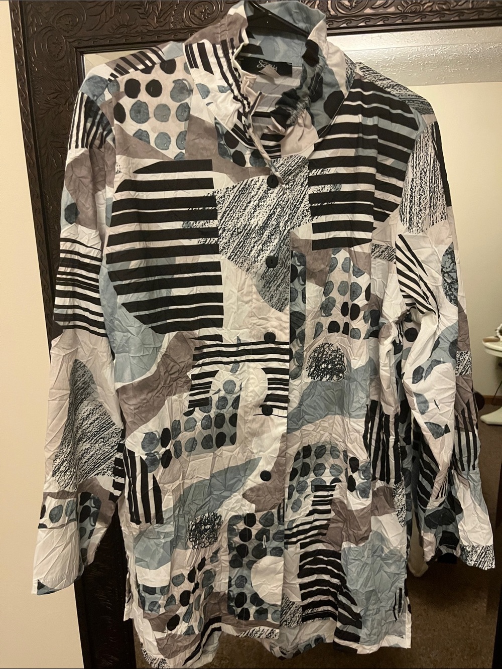 Lightweight Abstract Print Shirt Jacket in Black, Gray & Blue